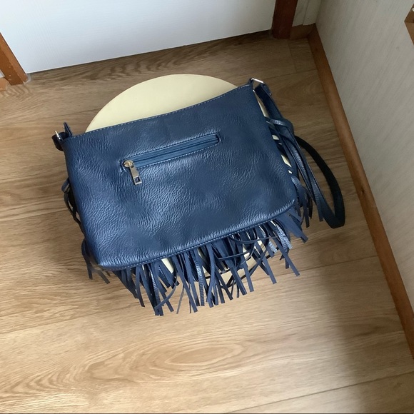 Navy Blue Faux Leather Fringe Cross Body Purse - Picture 3 of 5